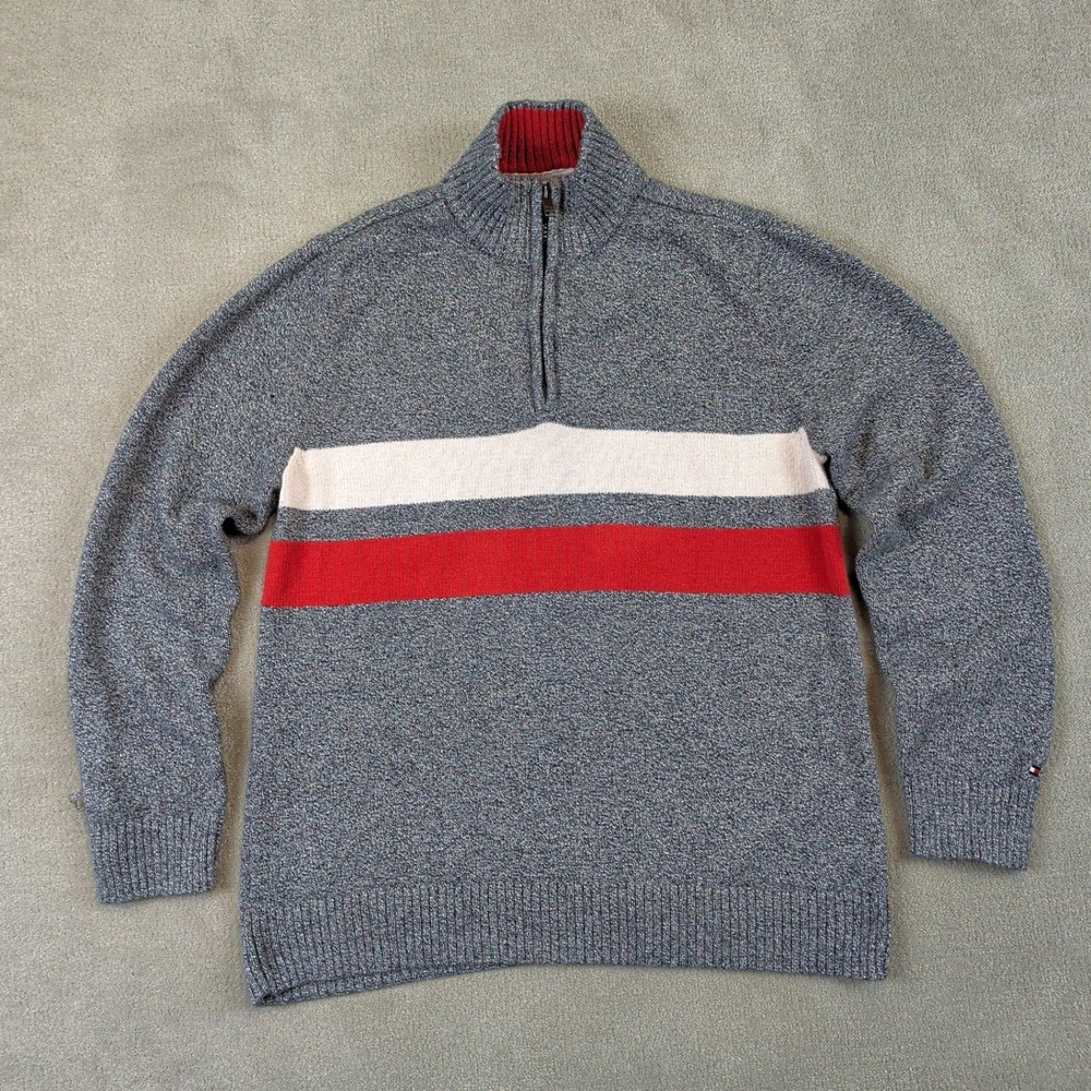 Tommy Hilfiger Boys Quarter Zip Sweater L 16/18 Grey Striped Cotton Knit Top